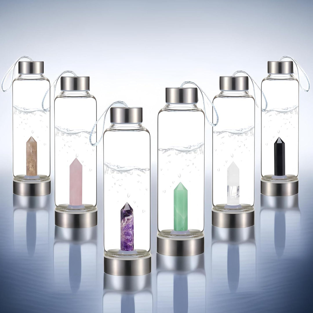 Premium Quality Quartz glass water bottle, transparent water bottle, gemstone center inlaid obelisk, magic wand