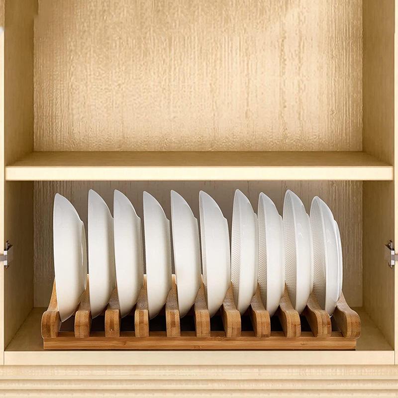 Bamboo Dish Drying Rack, 10 Slots Bamboo Cabinet Plate Stand Dish Drainer Wooden Plate Rack Pot Lid Holder Kitchen Dish Plate Storage Organizer for Countertop Cabinet