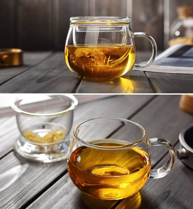 Clear Glass Tea Cup with Infuser and Lid, Borosilicate Large Tea Cup/Mug, 17.6oz/ 520ml, Teacup for Loose Leaf Tea, Blooming Tea, Tea Bag