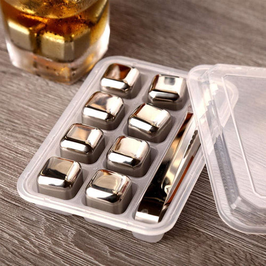 Stainless Steel Reusable Ice Cubes with Barman Tongs and Freezer Tray