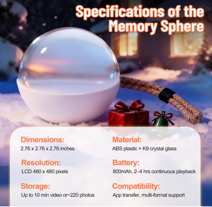 Crystal Memory Sphere Video Orb with Lanyard, Rechargeable