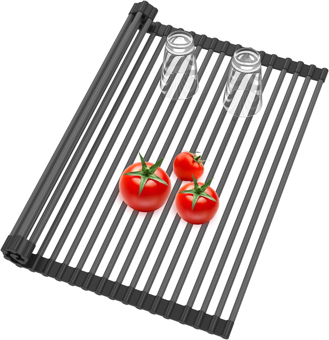 Roll Up Dish Drying Rack, Silicone Wrapped Over The Sink Multipurpose Foldable Dish Drainer Anti-Slip Coated Stainless Steel Dish Racks for Kitchen Counter, Sink Drying Rack