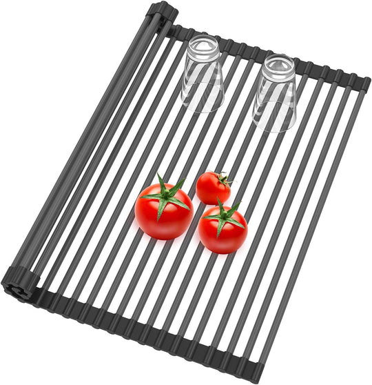 Roll Up Dish Drying Rack, Silicone Wrapped Over The Sink Multipurpose Foldable Dish Drainer Anti-Slip Coated Stainless Steel Dish Racks for Kitchen Counter, Sink Drying Rack