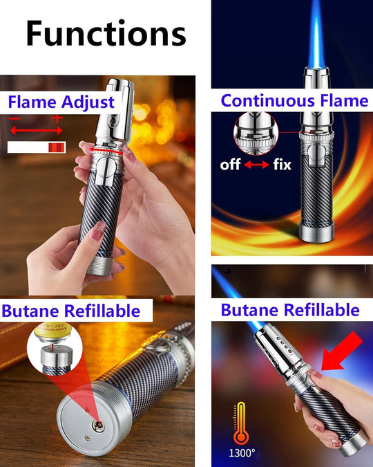 Butane Torch Lighter, Fire Dab Torch Lighters Butane Refillable, Windproof Blue Jet Flame Adjustable for Desserts Baking BBQ, Desserts Baking BBQ