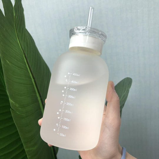 Double cover straw glass, Milk Juice Cute Water Bottle with Scale  Lids Little daisy Matte Portable Transparent Water Cup Glass Bottles Creative Handy Cup