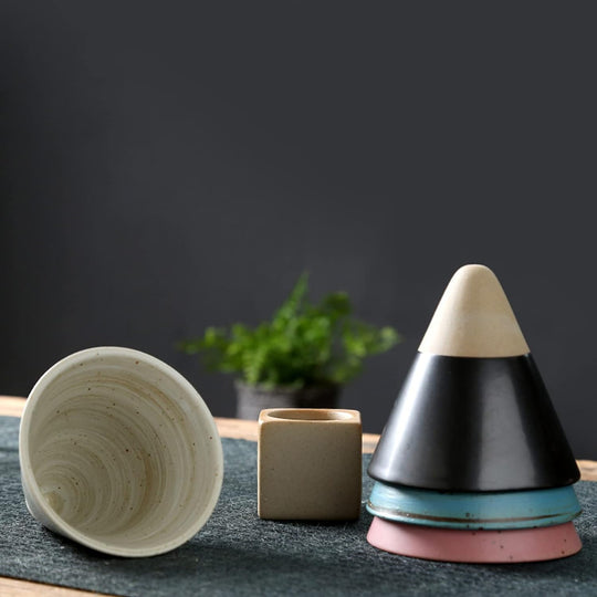Pottery Espresso Cup, Creative Ceramic Tea Cup With Base, Vintage Espresso Cups, Triangular Cone Shape Tea Cup Ceramic Mug For Coffee Tea Latte Milkshake Yogurt(Bulk 3 Sets)