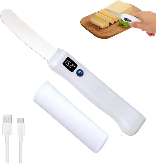 Heated Butter Knife, Electric Butter Spreader with LED Digital Display & Adjustable Temperature, USB-C Rechargeable Stainless Steel Knife for Hard Butter, Peanut Butter, Cheese, Jam & Cream