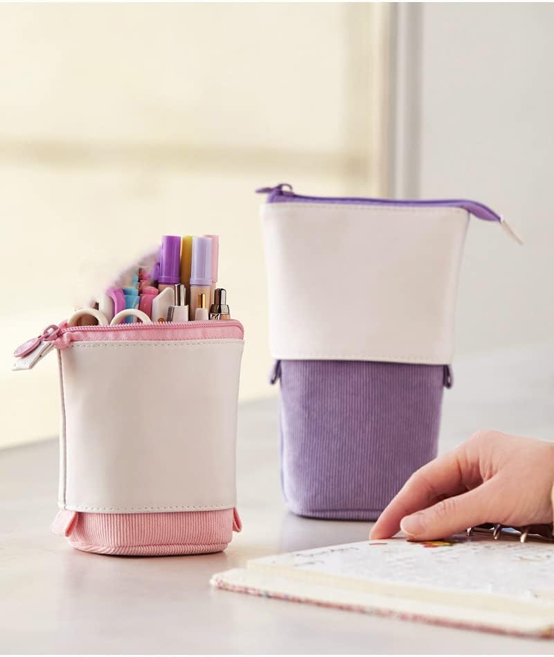 Pop-Up Telescopic Pencil Case with Stand | Retractable PU Corduroy Pen Holder Bag | Expandable Stationery Organizer for Kids, Students & Office Desk