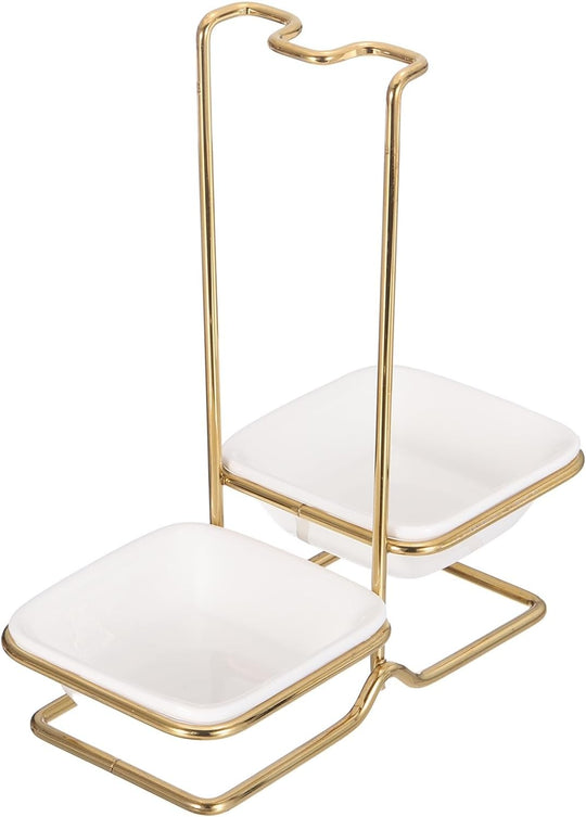 Luxury Stainless Steel Upright Ladle Rack Set with Double Square Ceramic Bowls – Modern Countertop Spoon & Utensil Holder Stand