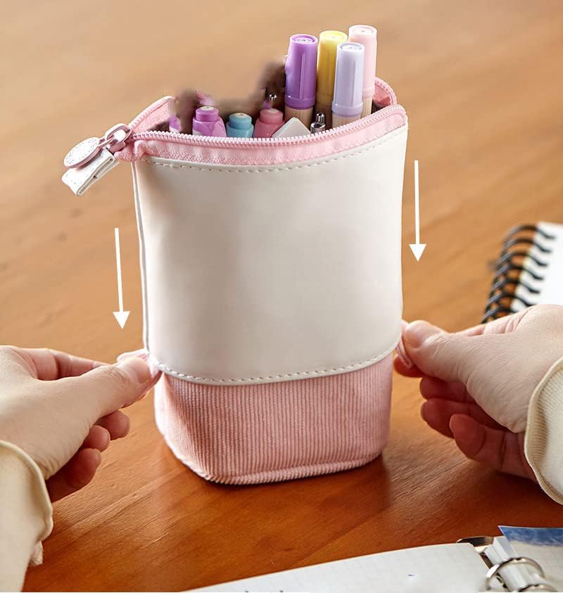 Pop-Up Telescopic Pencil Case with Stand | Retractable PU Corduroy Pen Holder Bag | Expandable Stationery Organizer for Kids, Students & Office Desk
