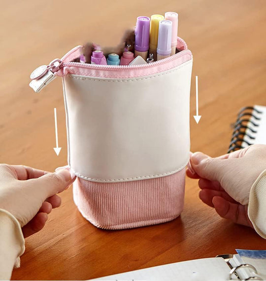 Pop-Up Telescopic Pencil Case with Stand | Retractable PU Corduroy Pen Holder Bag | Expandable Stationery Organizer for Kids, Students & Office Desk