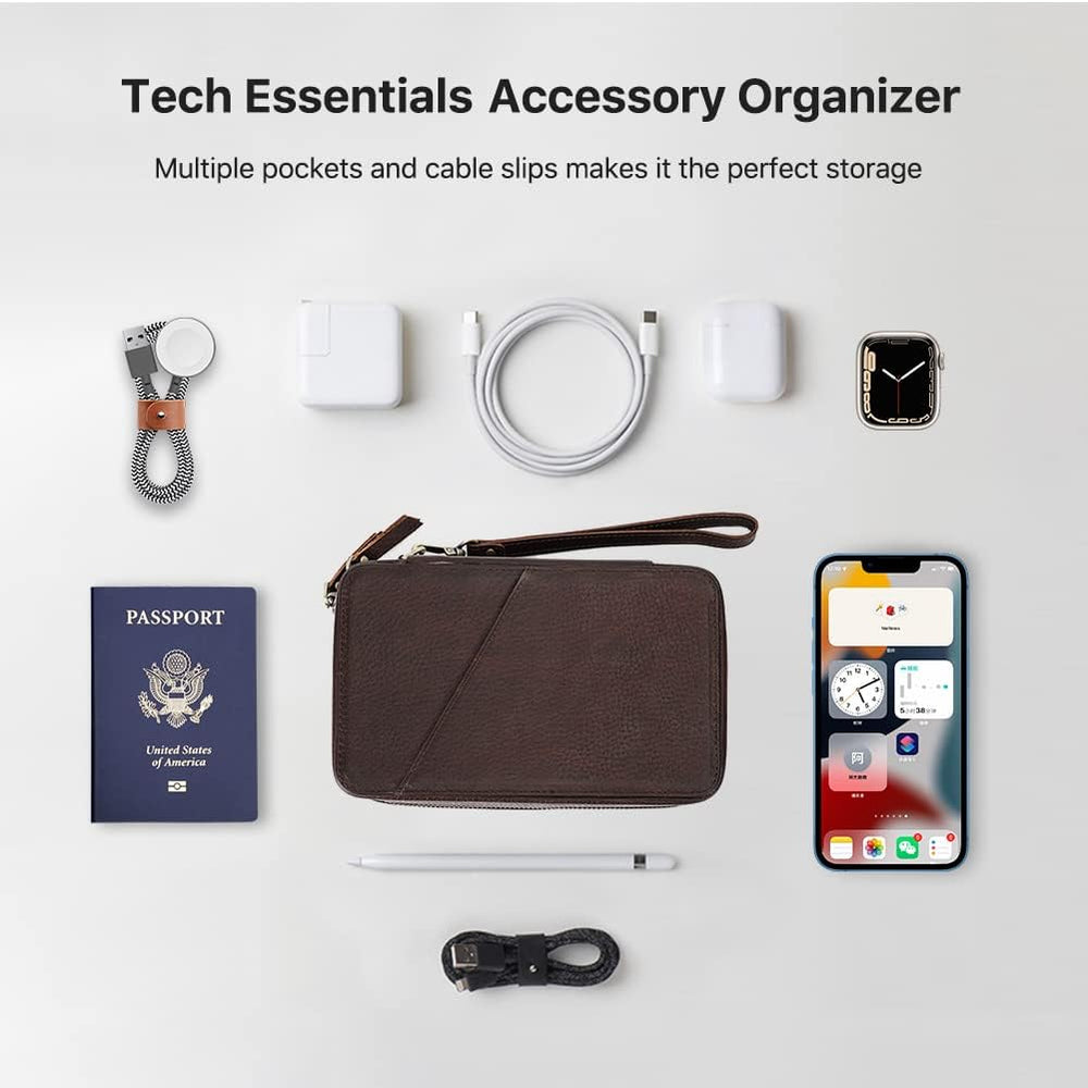 Travel Tech Case Leather Electronics Accessories Storage Box Vintage Portable Holder for Phone Charger Cables (MOQ 10 Pcs)