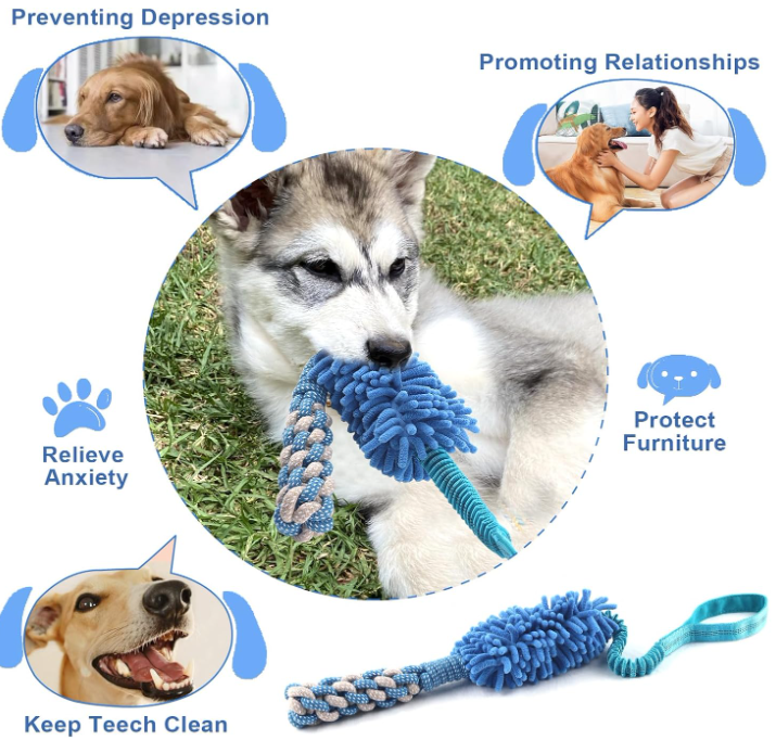 Stretchy Chenille Dog Chew Toy with Squeaker and Rope Handle (MOQ 10 Sets)