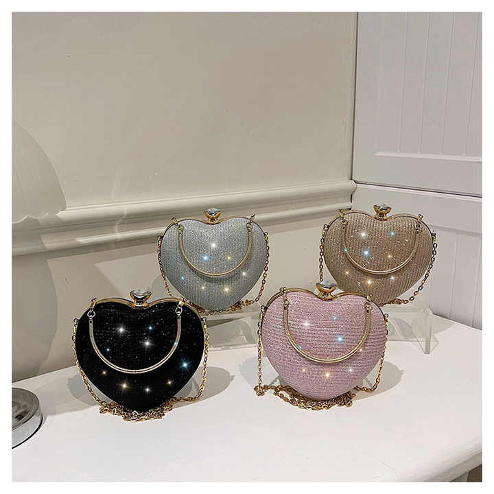 Heart Shaped Evening Purse Velvet Clutch Purse Solid Evening Bag, chain diamond set shoulder handbag cross body bag.(Bulk 3 Sets)