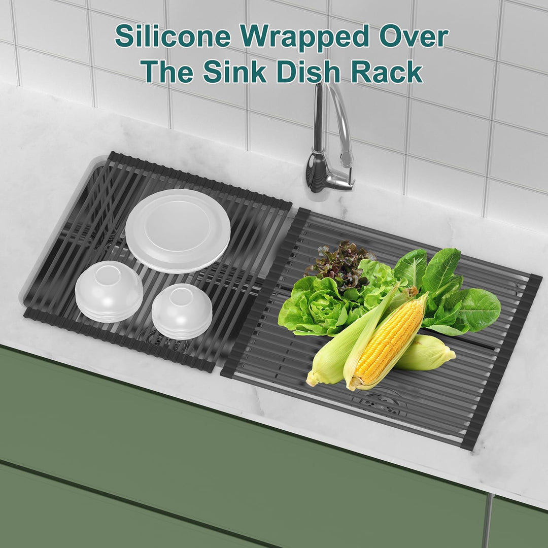 Roll Up Dish Drying Rack, Silicone Wrapped Over The Sink Multipurpose Foldable Dish Drainer Anti-Slip Coated Stainless Steel Dish Racks for Kitchen Counter, Sink Drying Rack