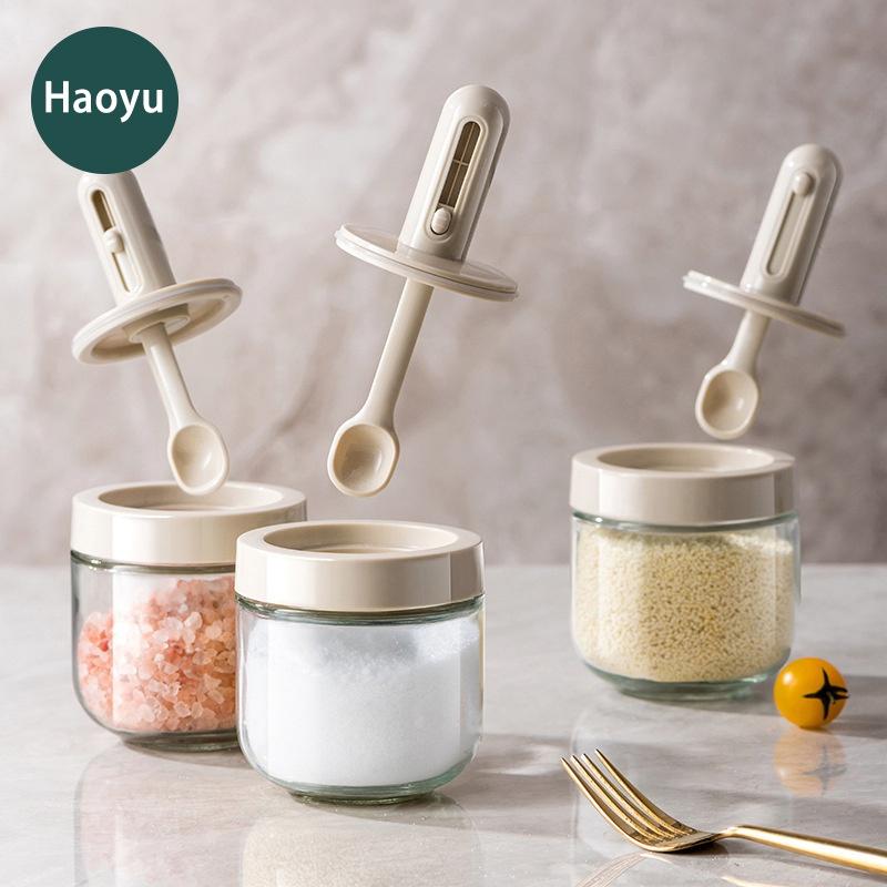 Glass Salt Container Spices Jars with Retractable Spoon and Airtight Cover for Keeping Table Sugar,Gourmet Salts,Chili Herbs,Powder or Favorite Season