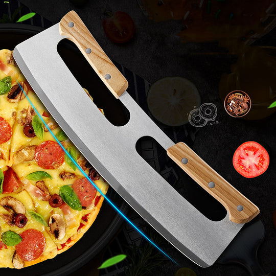 Pizza Cutter Rocker with Wooden Handles & Japanese Whetstone Knife Combo Pack