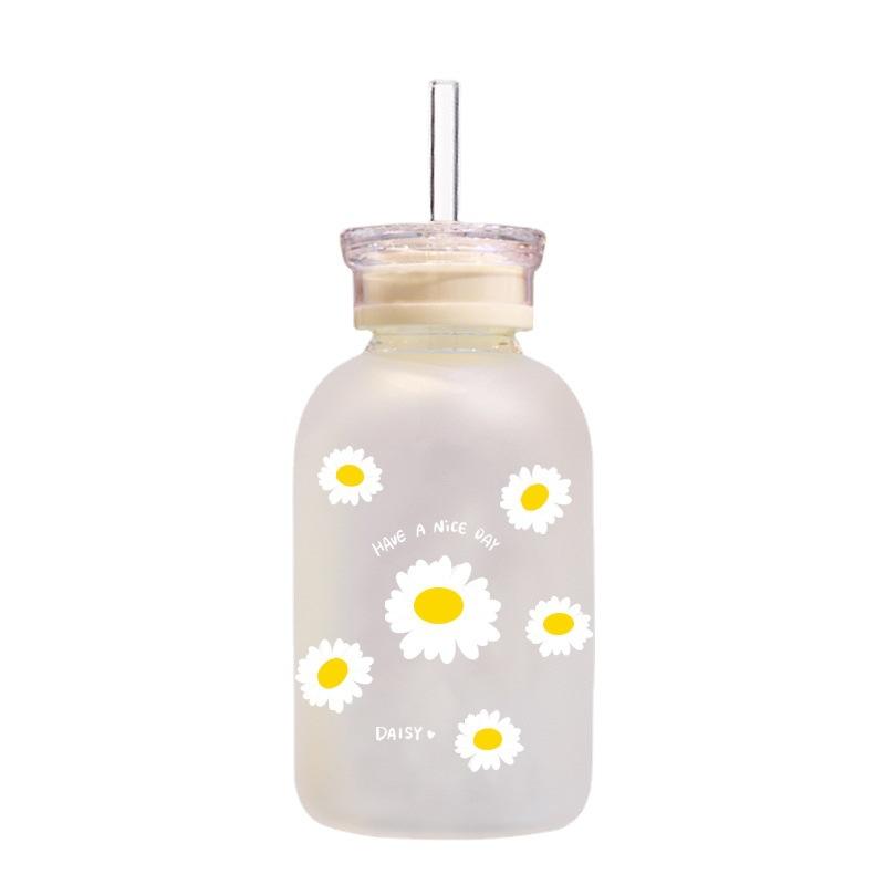 Double cover straw glass, Milk Juice Cute Water Bottle with Scale  Lids Little daisy Matte Portable Transparent Water Cup Glass Bottles Creative Handy Cup