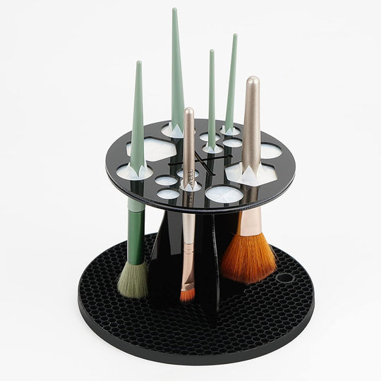 Makeup Brush Drying Rack with Mat – Detachable Acrylic Air Tree Tower Holder & Organizer Stand, Cosmetic Brush Storage Tray for Vanity