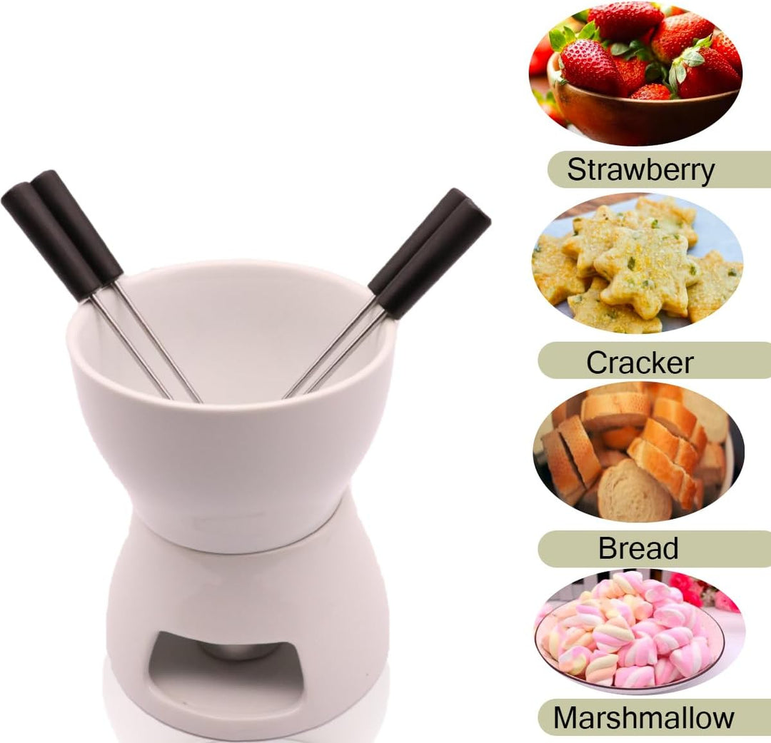 Premium Tea Light Porcelain Melting Pot 4 forks for Cheese, Chocolate and Tapas (MOQ 10 Sets)