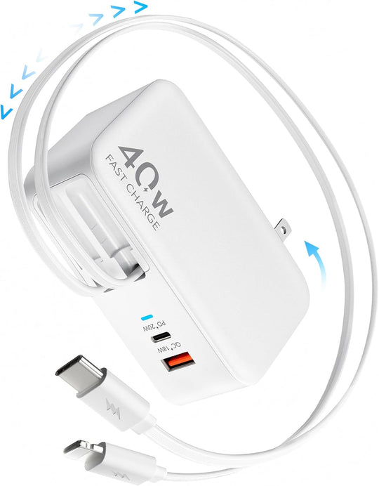 Retractable 40W USB C Fast Charger Wall Plug with Built-in 90cm/35.5in Type C Cable (MOQ 10 Sets)