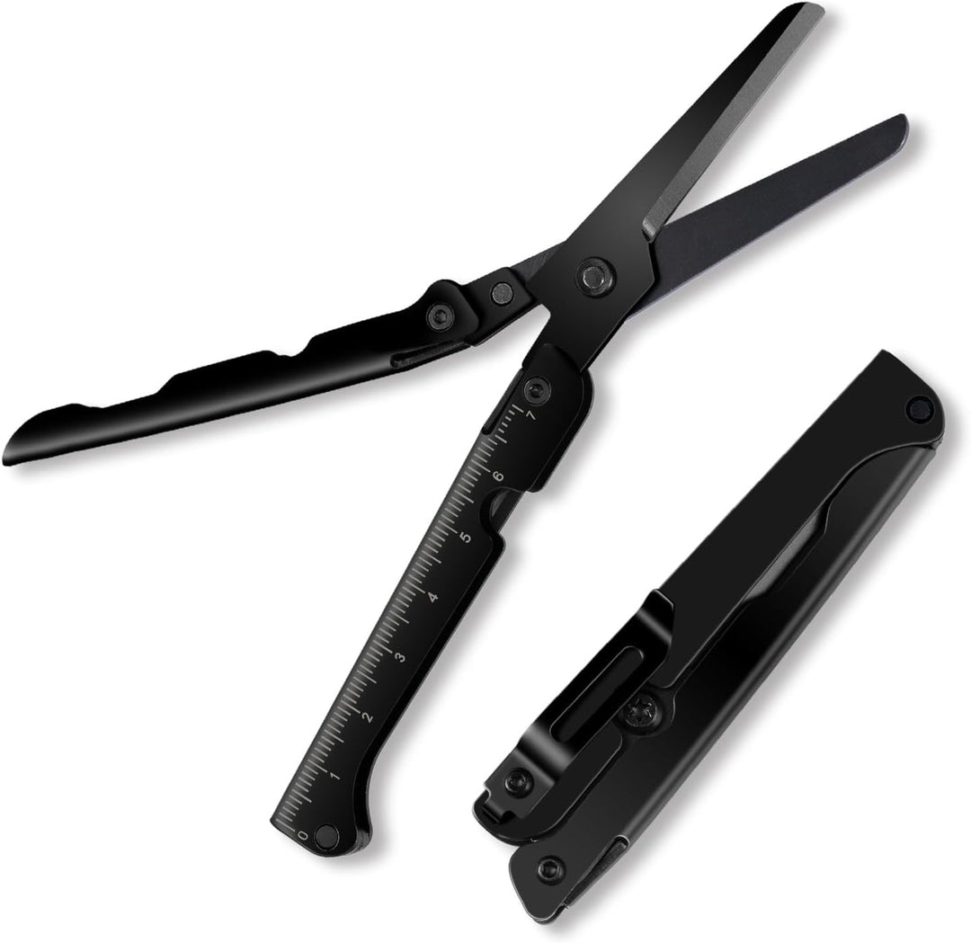 EDC scissors multitool suitable for camping survival and outdoor use foldable scissors with measuring ruler (MOQ 10 Sets)
