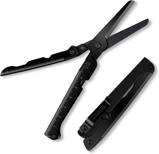 EDC scissors multitool suitable for camping survival and outdoor use foldable scissors with measuring ruler (MOQ 10 Sets)