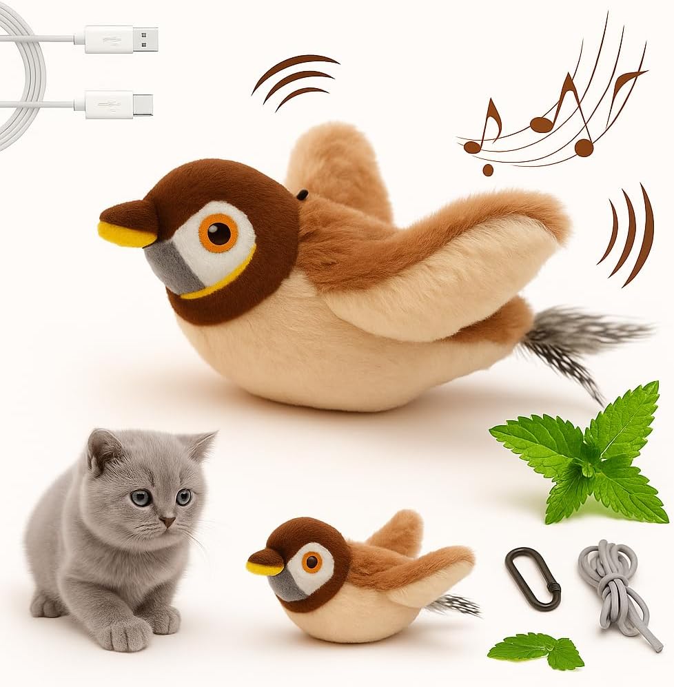 Chirping Toys Touch Activated Flapping Wings Sparrow Interactive Smart Cat Toys USB Exercise Pet Toys