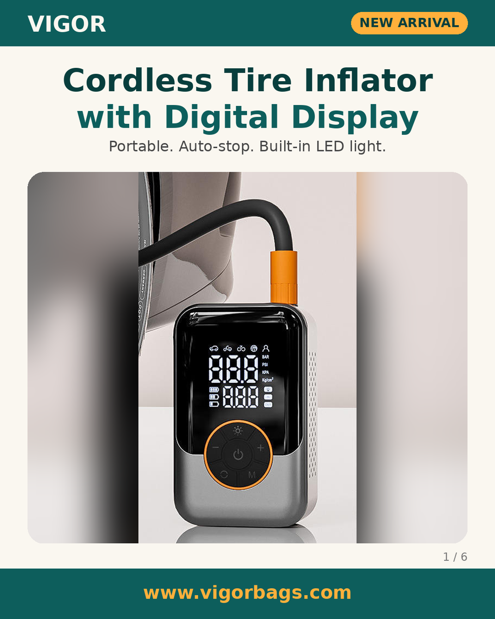Cordless Tire Inflator Portable Air Pump, Dual Digital Display, Auto-Stop Pressure Preset, Built-In LED Light, Type-C Rechargeable for Car, Motorcycle, Bike & Ball (MOQ 10 Sets)
