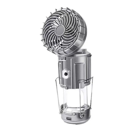 Solar camping lantern with fan, silver, rechargeable LED lantern and phone charger