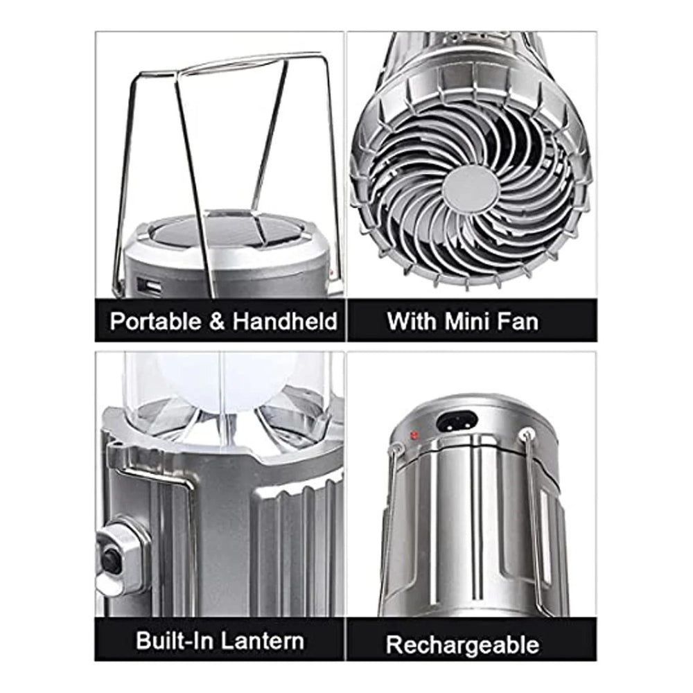 Solar lantern with fan features: portable handle, mini fan, built-in lantern, rechargeable