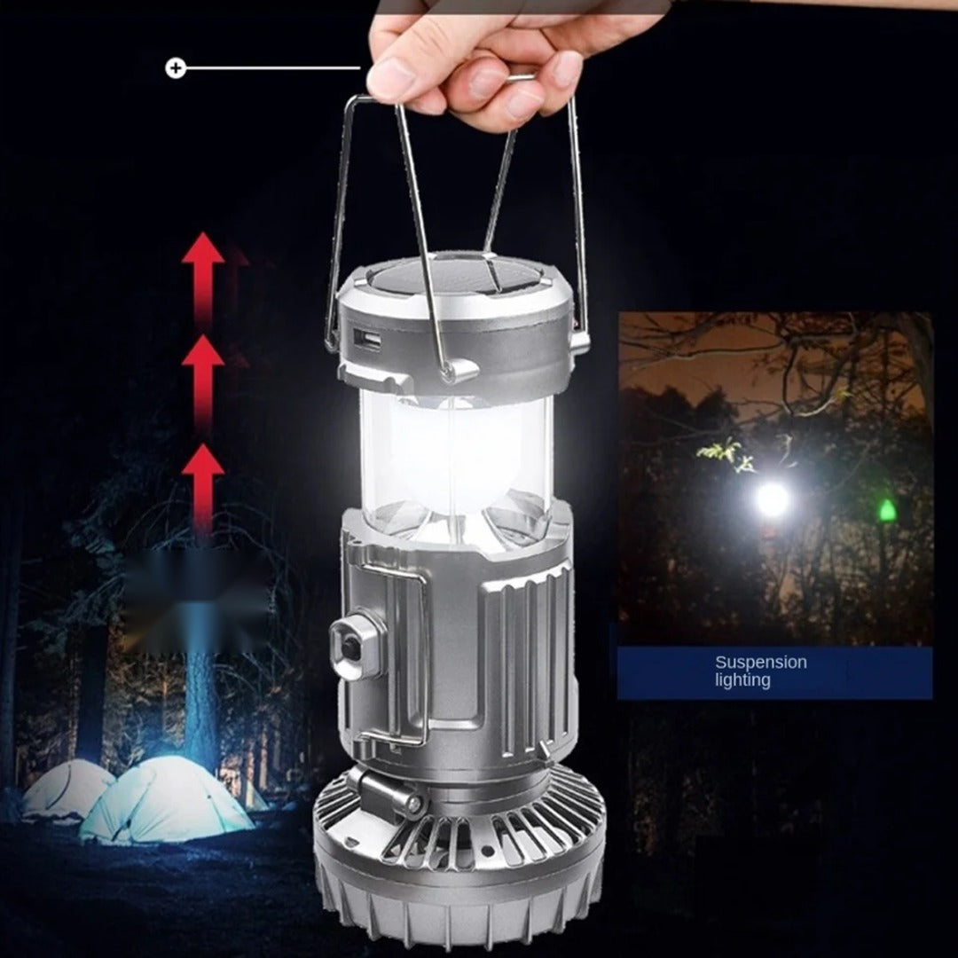 Foldable LED camping lantern lit at night for camping and power outages