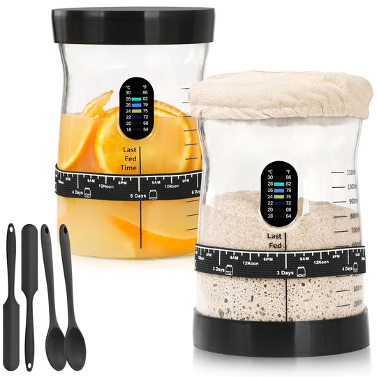 VIGOR Sourdough Starter Jar Kit with two 50 oz glass jars, thermometer band, cloth cover and silicone tools