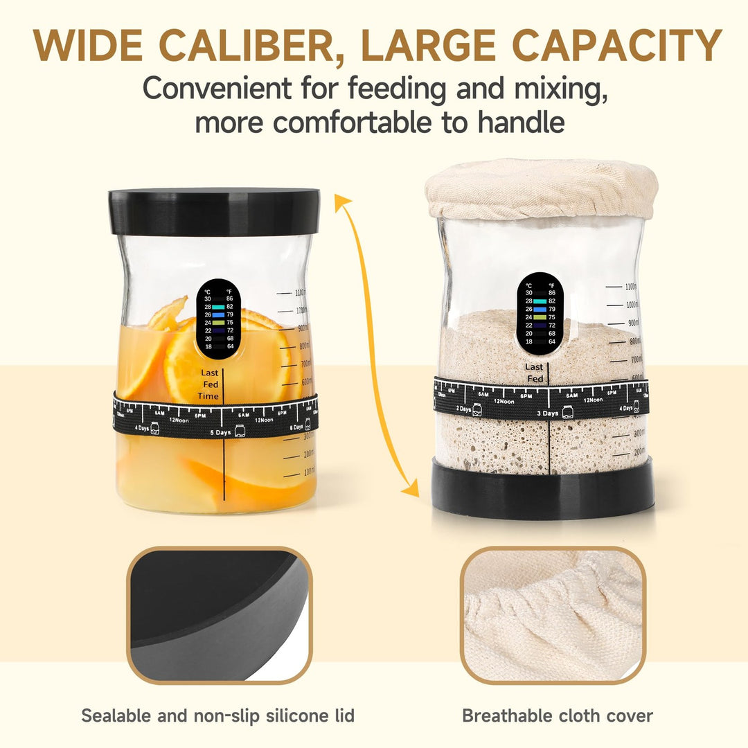50 oz wide mouth sourdough starter jar with silicone lid, cloth cover and level tracking band for fermentation