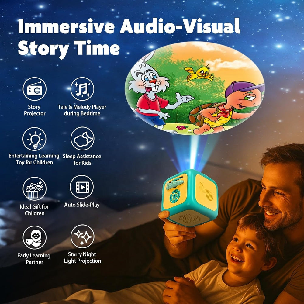 Immersive audio-visual story time projector with starry night light, auto slide-play and early learning features