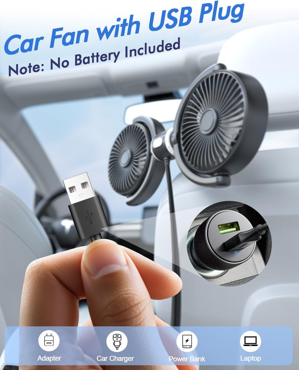 Dual Car Cooling Fans for Backseat 3 Speed Separate Controlled Quiet Brushless Motor 360° Rotatable (MOQ 10 Sets)