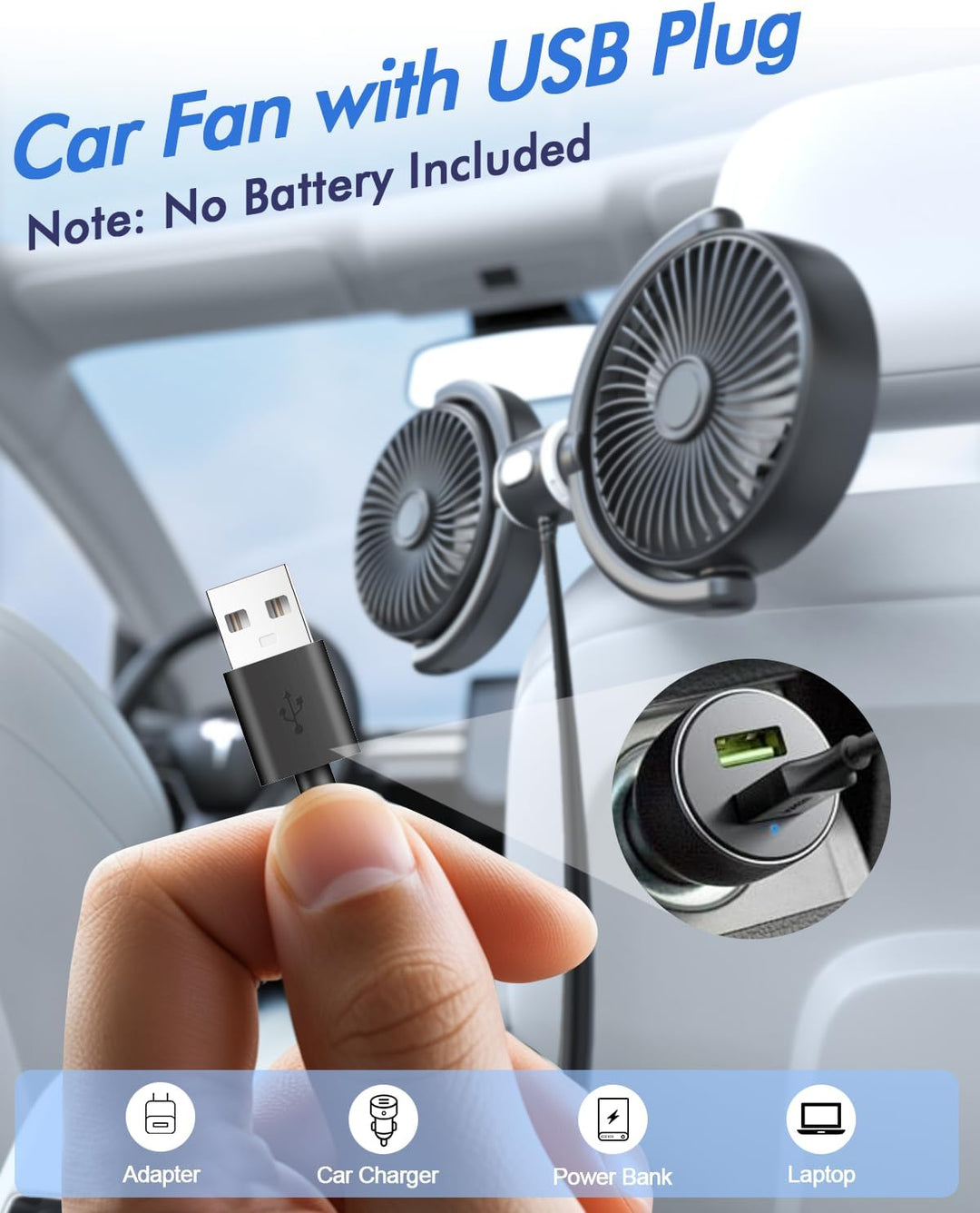 Dual Car Cooling Fans for Backseat 3 Speed Separate Controlled Quiet Brushless Motor 360° Rotatable (MOQ 10 Sets)