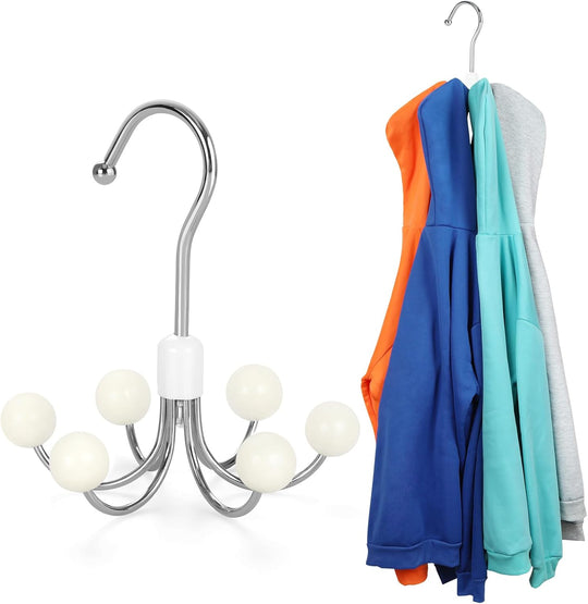 Hoodie Hangers with 6 Wood Balls | 360° Swivel Purse Hanger, Scarf & Handbag Organizer Closet Hooks (MMOQ 10 Sets)