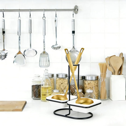 Luxury Stainless Steel Upright Ladle Rack Set with Double Square Ceramic Bowls – Modern Countertop Spoon & Utensil Holder Stand