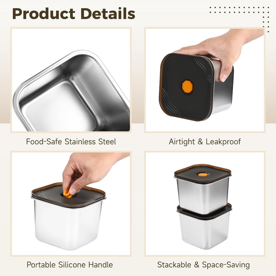 Stainless Steel Food Storage Containers with Lids, Leak-Proof Square Meal Prep Containers with Airtight Silicone Seal (MOQ 10 Sets)