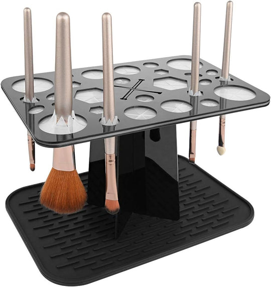 Makeup Brush Drying Rack with Mat – Detachable Acrylic Air Tree Tower Holder & Organizer Stand, Cosmetic Brush Storage Tray for Vanity
