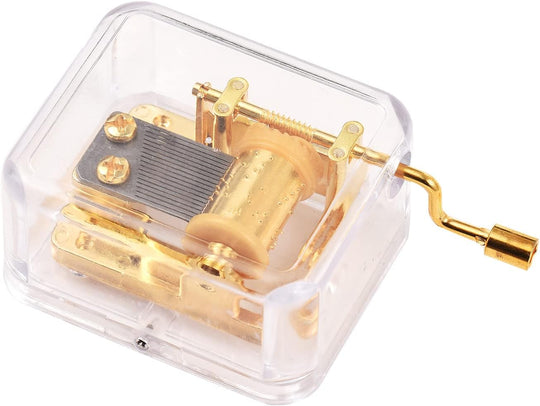 clear Acrylic Plastic Rectangle Shape Music Box with 18 Note Hand Crank Musical Movement
