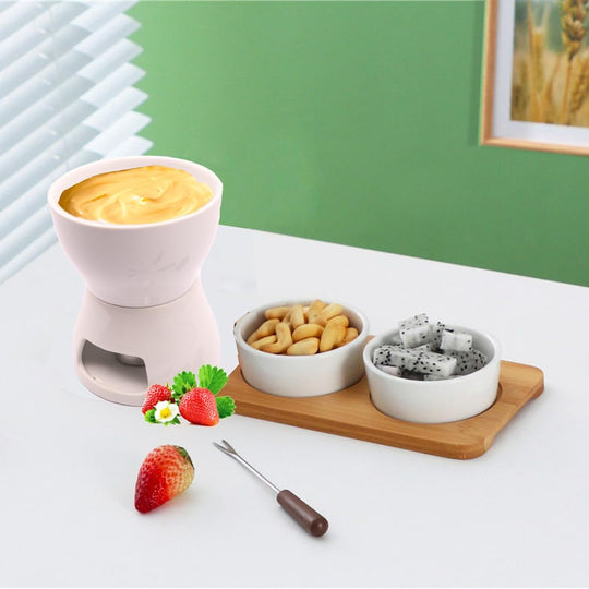 Premium Tea Light Porcelain Melting Pot 4 forks for Cheese, Chocolate and Tapas (MOQ 10 Sets)