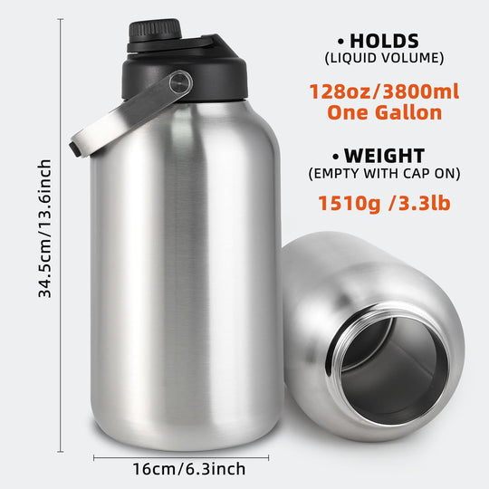 Stainless Steel 1 Gal Insulated Water Bottle For Hot & Cold Drinks