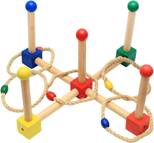 Wooden Ring Toss Game Set – 5 Sticks & 4 Rings | Outdoor Backyard Carnival Game for Kids Teens Adults | Family Party Activity & Birthday Gift (MOQ 10 Sets)