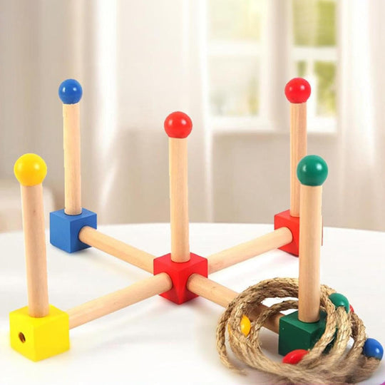 Wooden Ring Toss Game Set – 5 Sticks & 4 Rings | Outdoor Backyard Carnival Game for Kids Teens Adults | Family Party Activity & Birthday Gift (MOQ 10 Sets)
