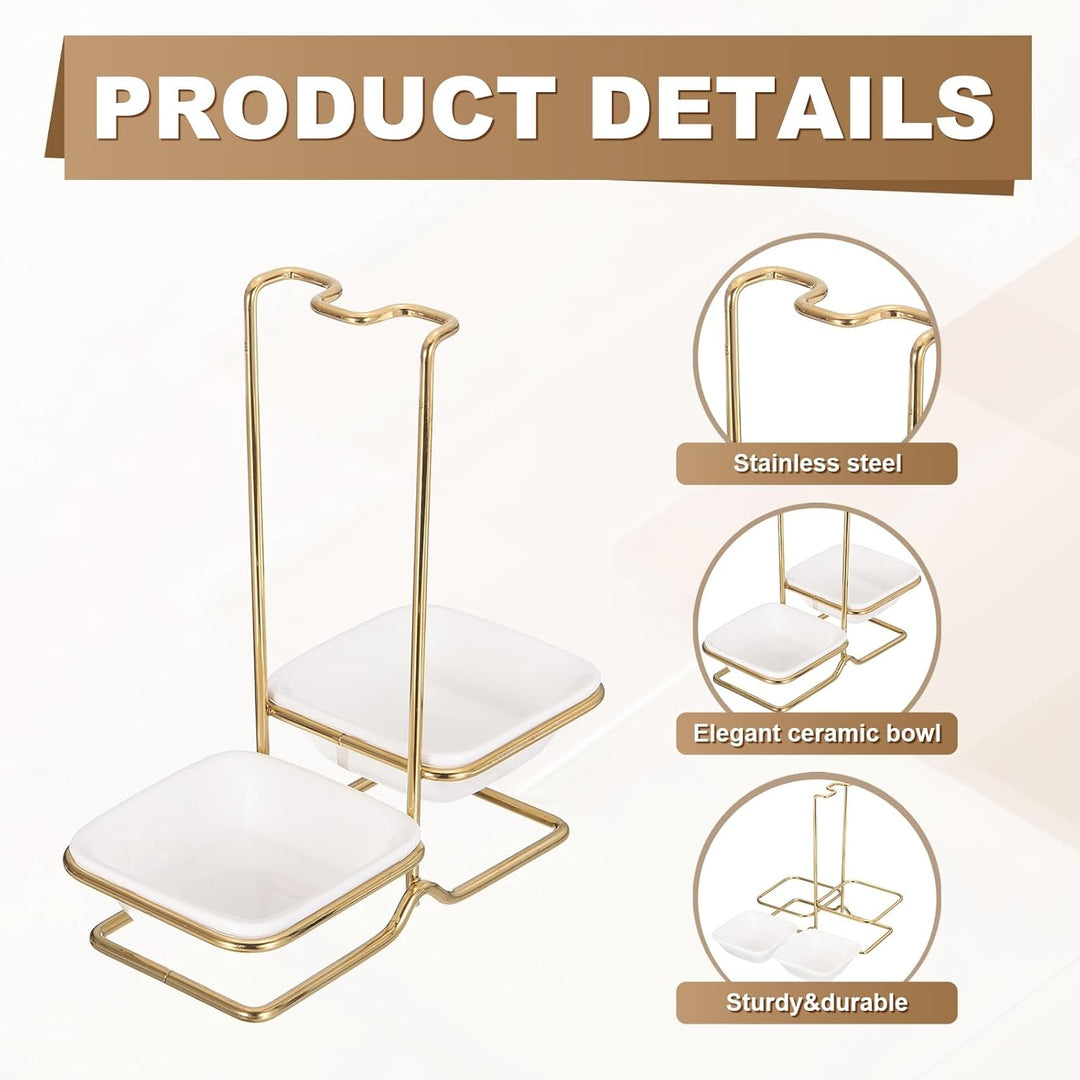 Luxury Stainless Steel Upright Ladle Rack Set with Double Square Ceramic Bowls – Modern Countertop Spoon & Utensil Holder Stand