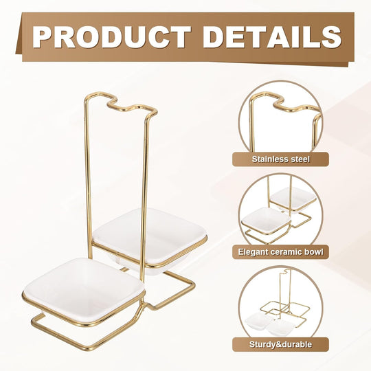 Luxury Stainless Steel Upright Ladle Rack Set with Double Square Ceramic Bowls – Modern Countertop Spoon & Utensil Holder Stand
