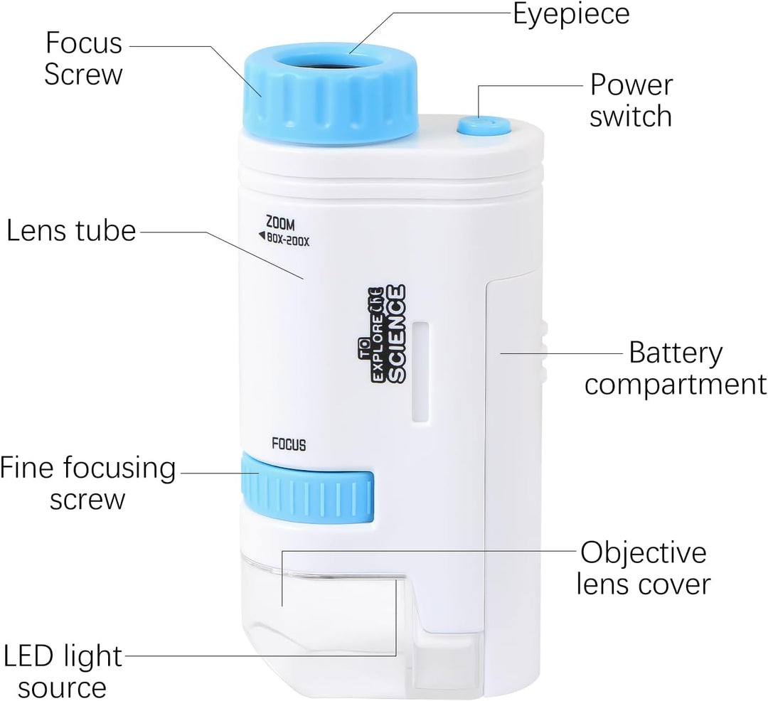 Pocket Handheld Miniscope 80X-200X Portable Microscope with LED Light for Learning Education Exploring (10 Pack)