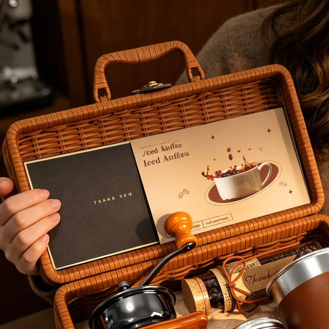Premium coffee gift set in a woven basket with manual coffee grinder, tumbler, scented candle and bean jar